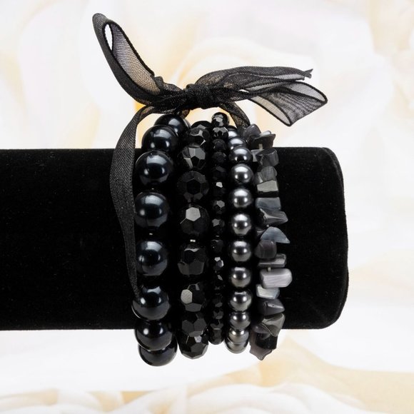 Designer Stack Of 5 Stackable Beaded Stretch Cluster Fashion Jewelry Bracelet - Picture 4 of 5